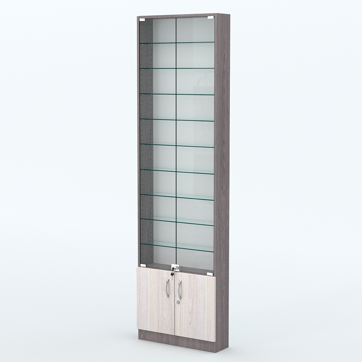 Торговая витрина с 9-ю стеклянными полками 150x600 мм серии NEXT-9 №2 (З/C - ДВП) Ясень Анкор темный + Ясень Анкор светлый
