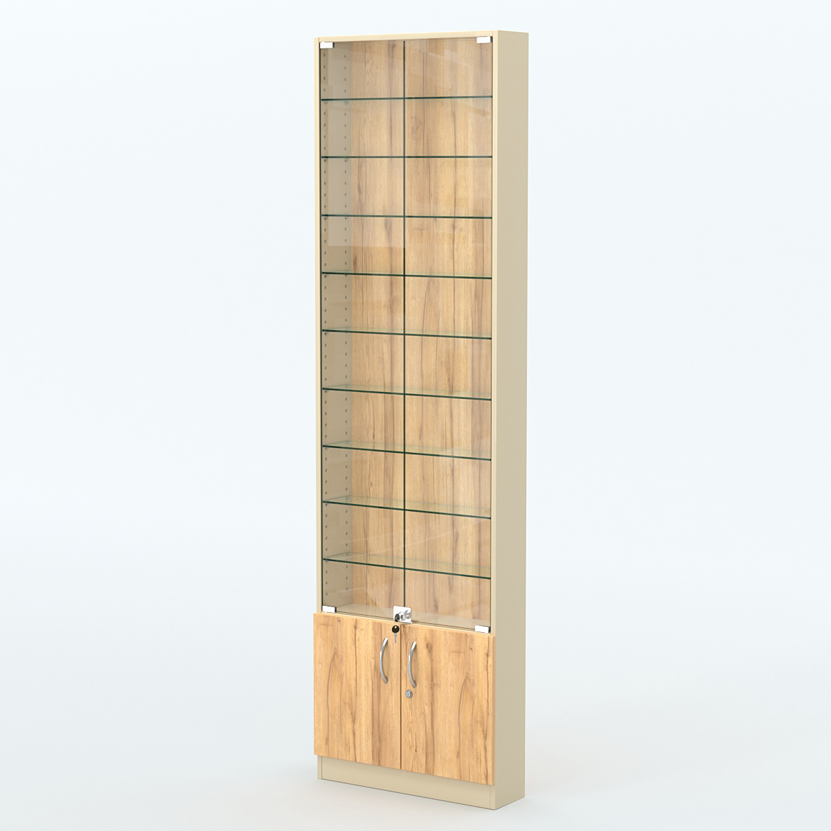 Торговая витрина с 9-ю стеклянными полками 150x600 мм серии NEXT-9 №2 (З/C - ДВП) Крем Вайс и Дуб Золотистый