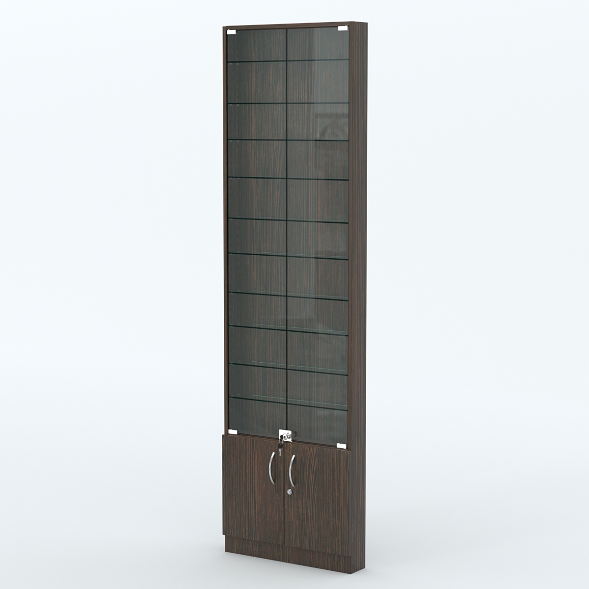 Торговая витрина с 10-ю стеклянными полками 100x600 мм серии NEXT-10 №1 (З/C - ДВП) Дуб Венге