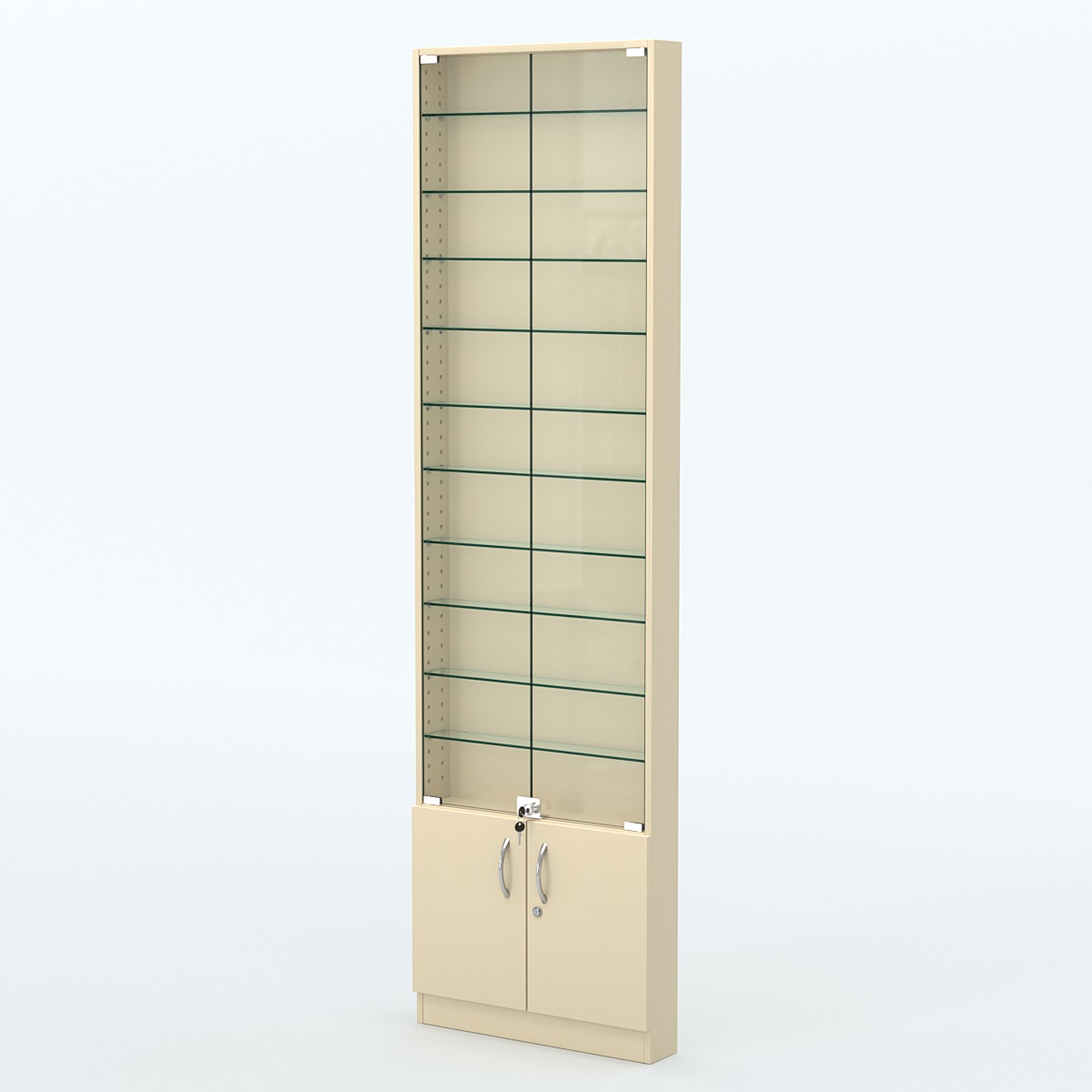 Торговая витрина с 10-ю стеклянными полками 100x600 мм серии NEXT-10 №1 (З/C - ДВП) Крем Вайс