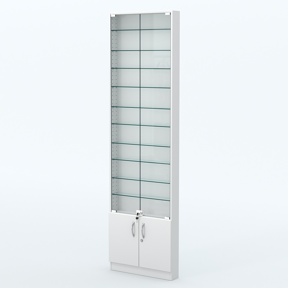 Торговая витрина с 10-ю стеклянными полками 100x600 мм серии NEXT-10 №1 (З/C - ДВП) Белый