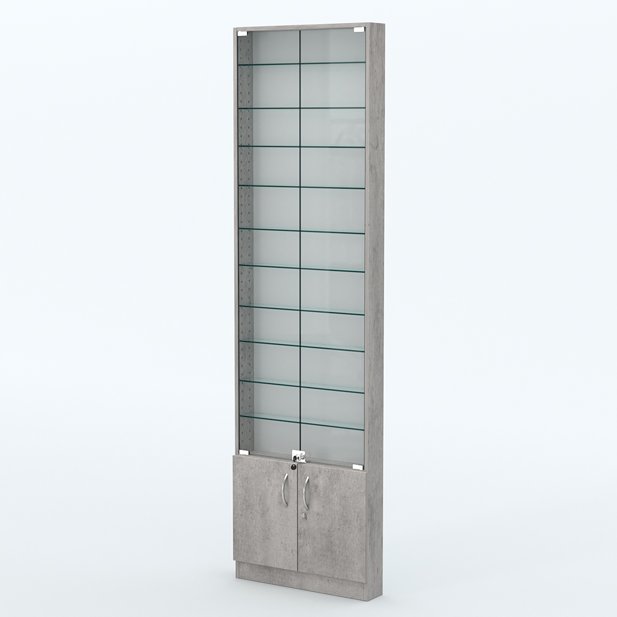 Торговая витрина с 10-ю стеклянными полками 100x600 мм серии NEXT-10 №1 (З/C - ДВП) Бетон Чикаго светло-серый F186 ST9