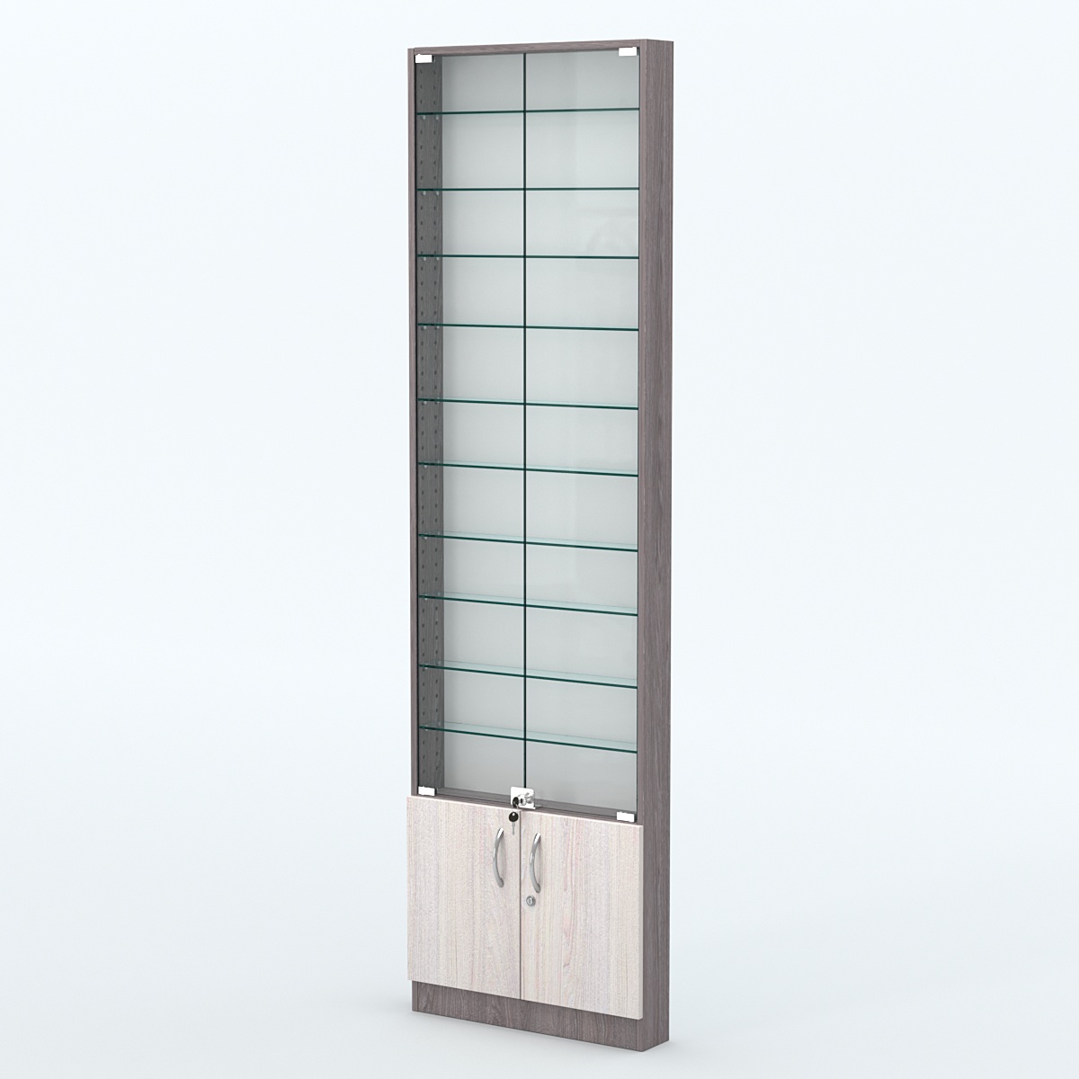 Торговая витрина с 10-ю стеклянными полками 100x600 мм серии NEXT-10 №1 (З/C - ДВП) Ясень Анкор темный + Ясень Анкор светлый