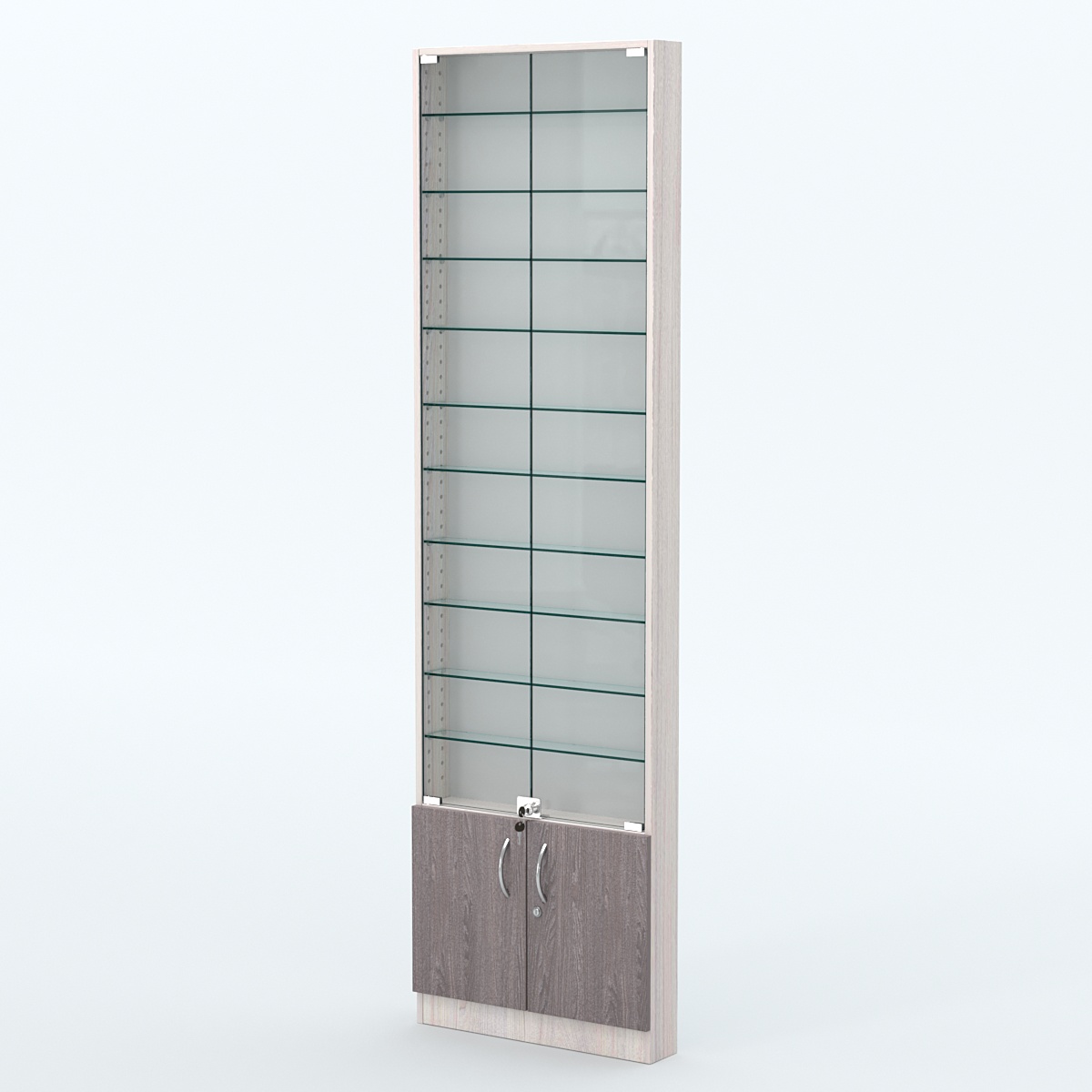 Торговая витрина с 10-ю стеклянными полками 100x600 мм серии NEXT-10 №1 (З/C - ДВП) Ясень Анкор светлый + Ясень Анкор темный