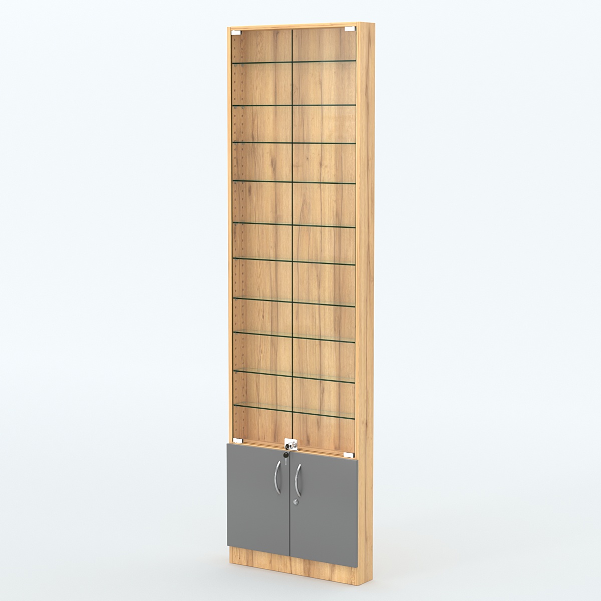 Торговая витрина с 10-ю стеклянными полками 100x600 мм серии NEXT-10 №1 (З/C - ДВП) Дуб Золотистый и Темно-Серый