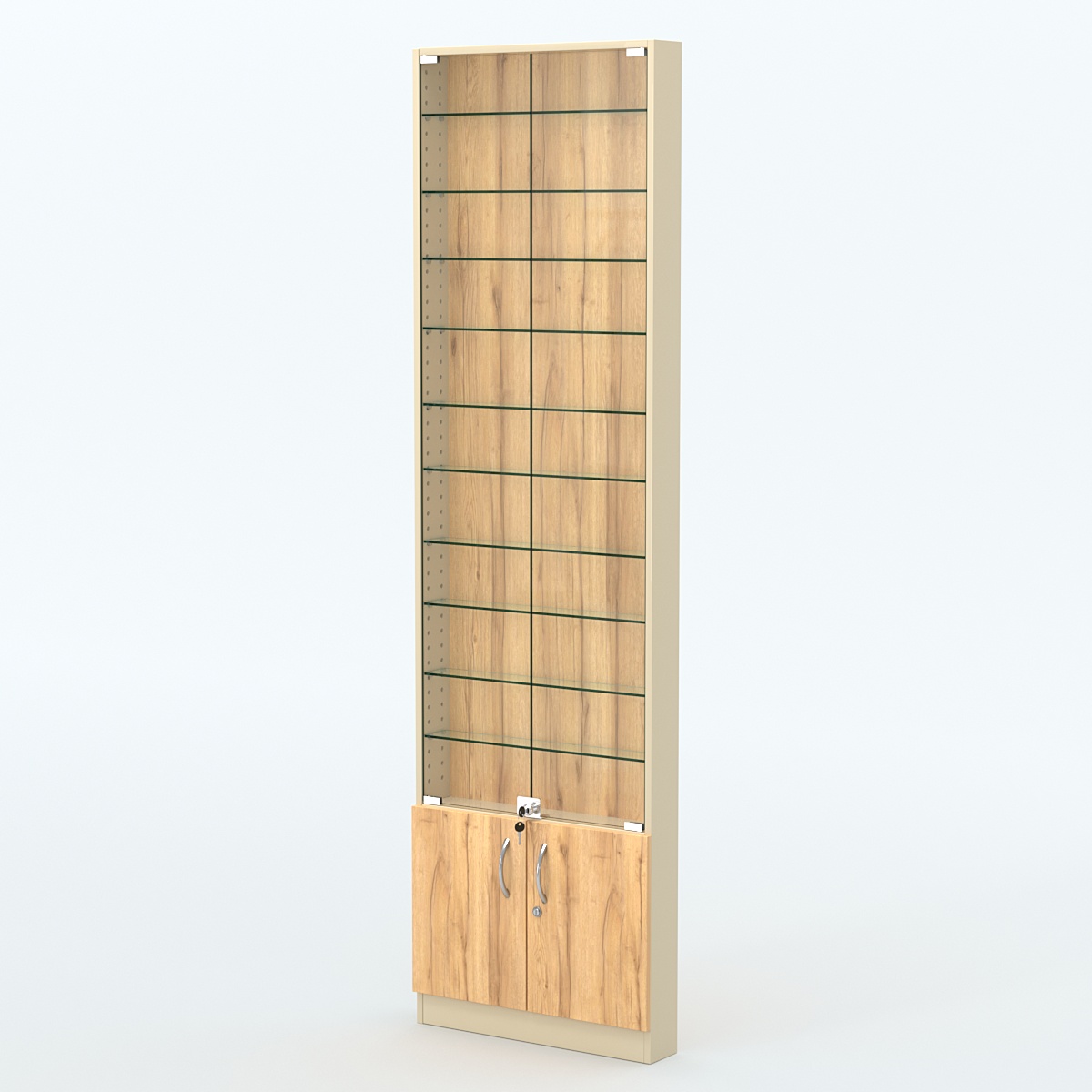 Торговая витрина с 10-ю стеклянными полками 100x600 мм серии NEXT-10 №1 (З/C - ДВП) Крем Вайс и Дуб Золотистый