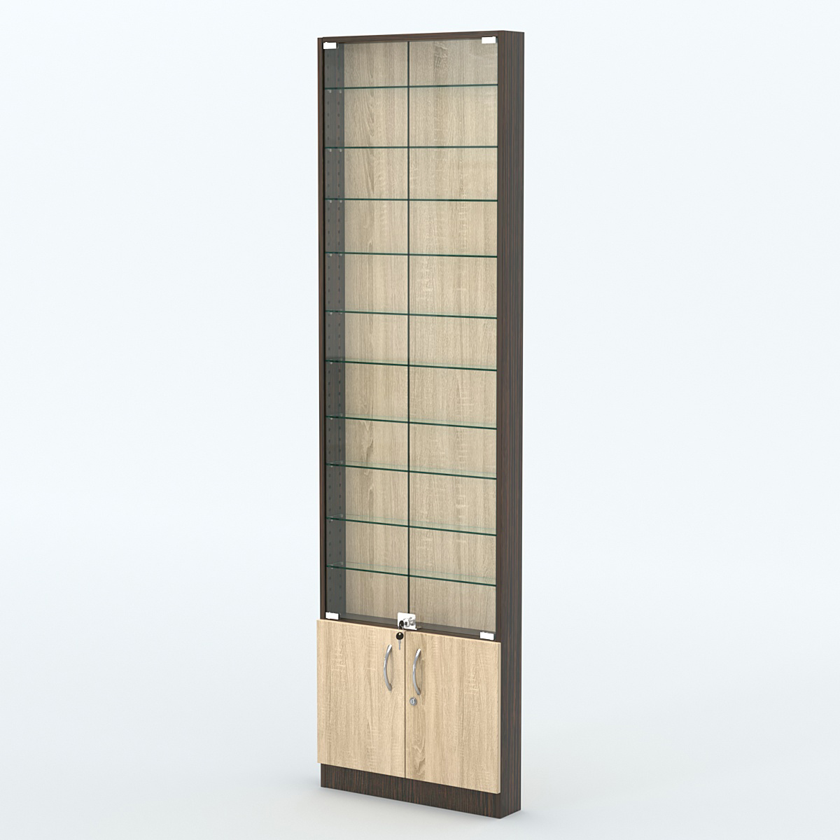 Торговая витрина с 10-ю стеклянными полками 100x600 мм серии NEXT-10 №1 (З/C - ДВП) Дуб Венге + Дуб Сонома