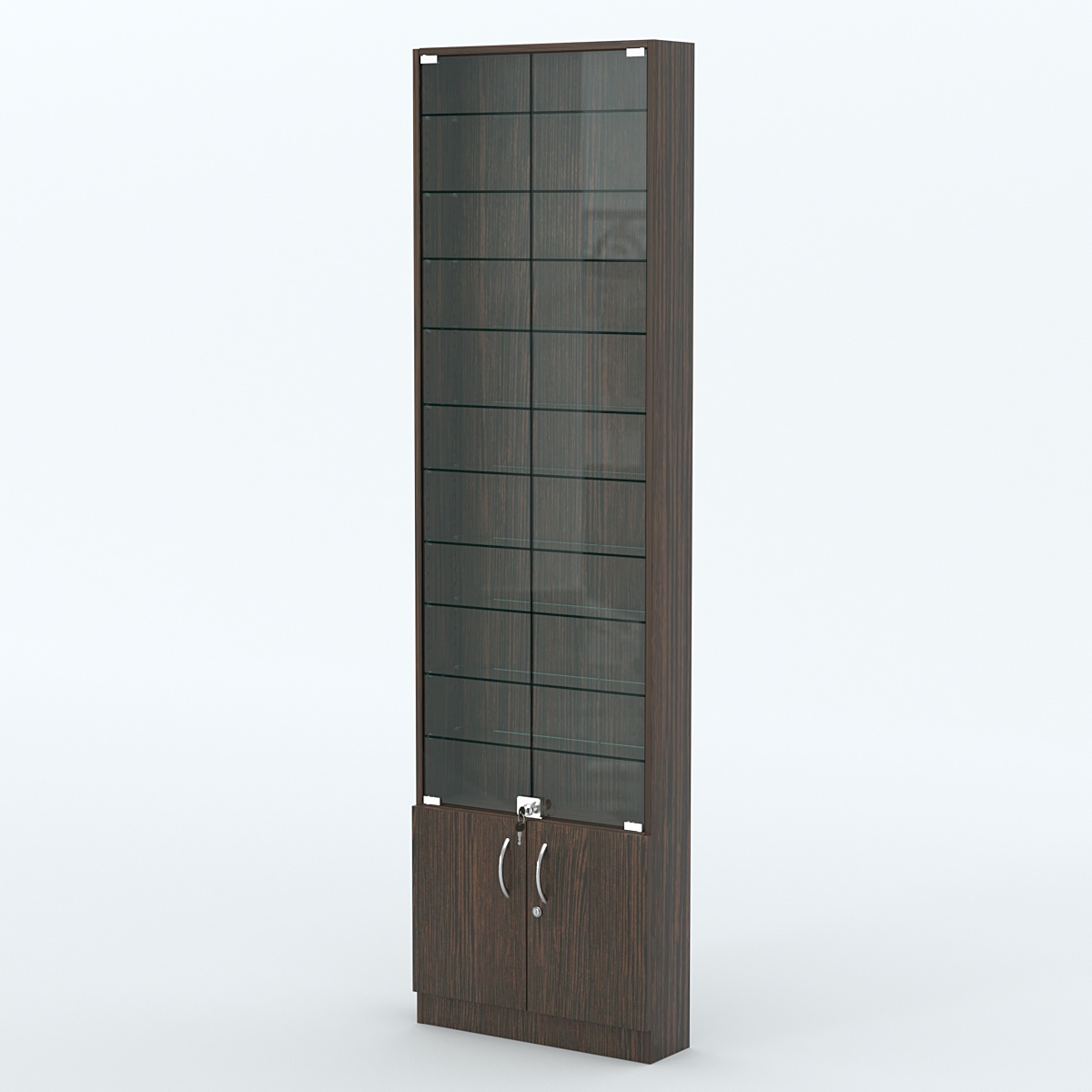 Торговая витрина с 10-ю стеклянными полками 150x600 мм серии NEXT-10 №2 (З/C - ДВП) Дуб Венге