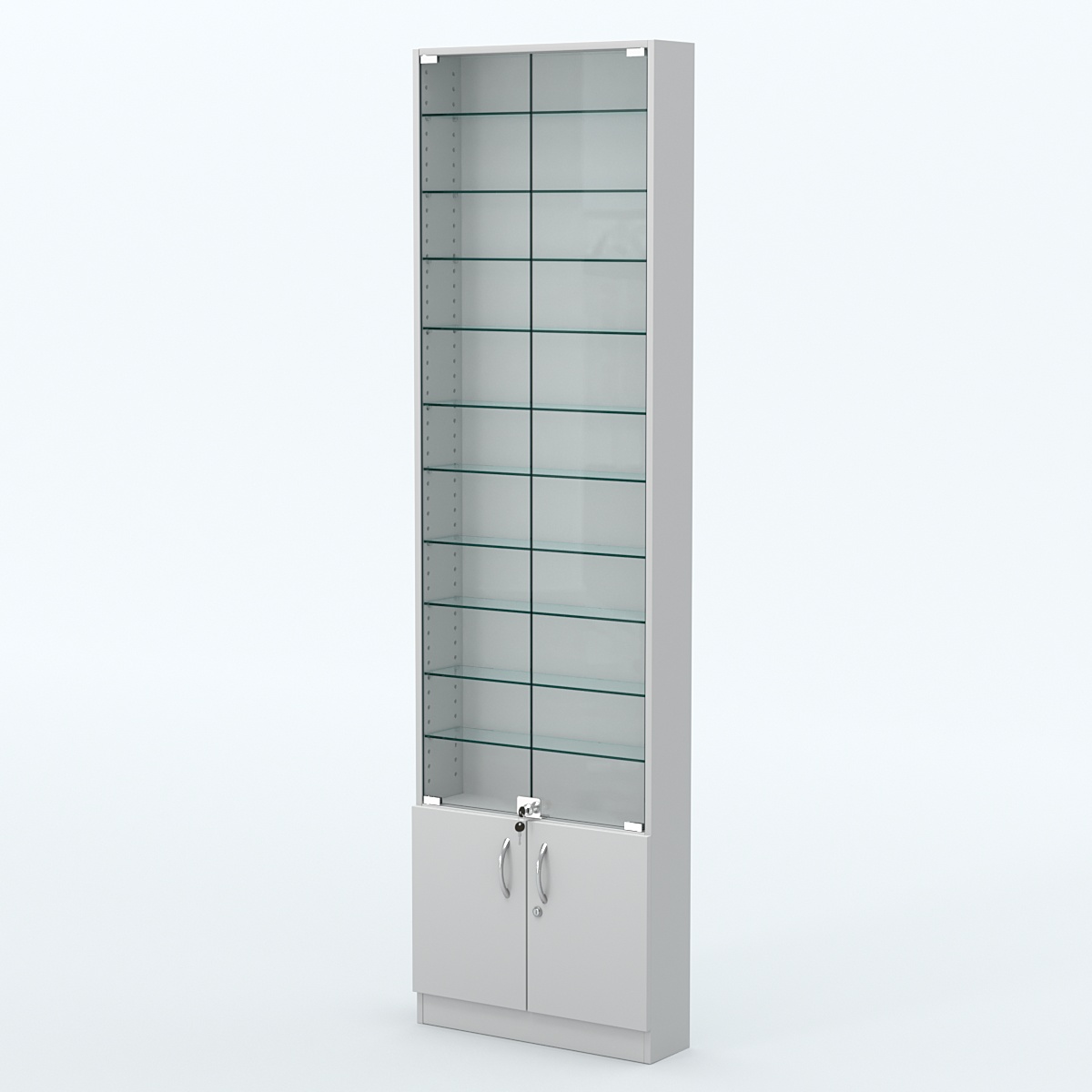 Торговая витрина с 10-ю стеклянными полками 150x600 мм серии NEXT-10 №2 (З/C - ДВП) Серый