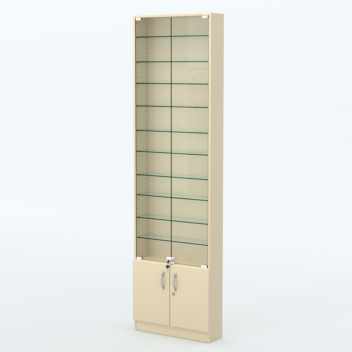 Торговая витрина с 10-ю стеклянными полками 150x600 мм серии NEXT-10 №2 (З/C - ДВП) Крем Вайс