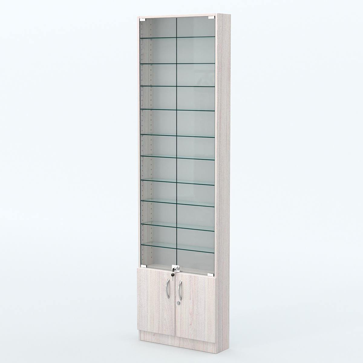 Торговая витрина с 10-ю стеклянными полками 150x600 мм серии NEXT-10 №2 (З/C - ДВП) Ясень Анкор светлый