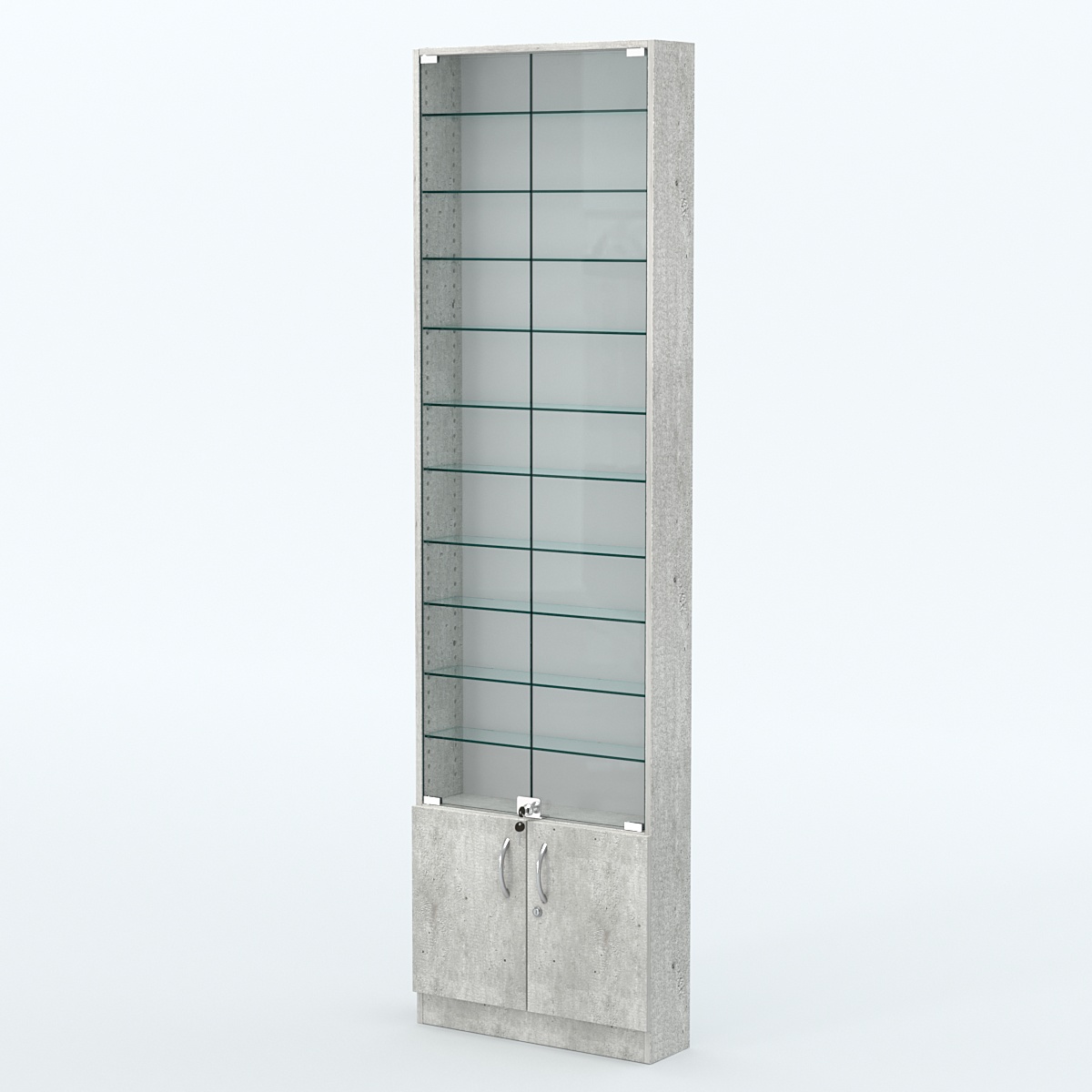 Торговая витрина с 10-ю стеклянными полками 150x600 мм серии NEXT-10 №2 (З/C - ДВП) Метрополитан Грей