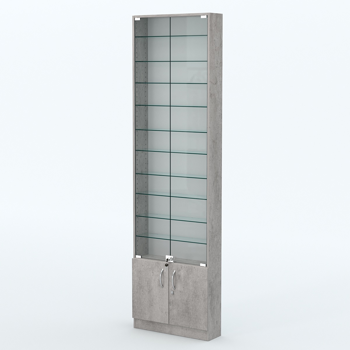 Торговая витрина с 10-ю стеклянными полками 150x600 мм серии NEXT-10 №2 (З/C - ДВП) Бетон Чикаго светло-серый F186 ST9