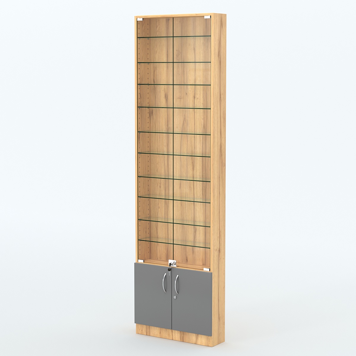 Торговая витрина с 10-ю стеклянными полками 150x600 мм серии NEXT-10 №2 (З/C - ДВП) Дуб Золотистый и Темно-Серый