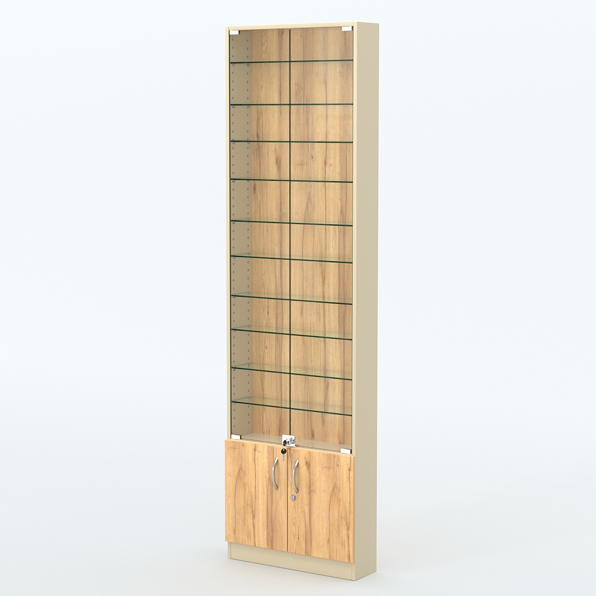 Торговая витрина с 10-ю стеклянными полками 150x600 мм серии NEXT-10 №2 (З/C - ДВП) Крем Вайс и Дуб Золотистый