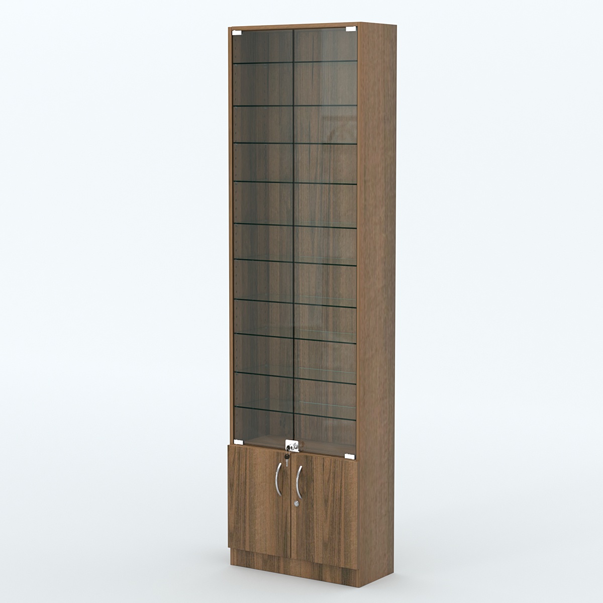 Торговая витрина с 10-ю стеклянными полками 250x600 мм серии NEXT-10 №4 (З/C - ДВП) Орех