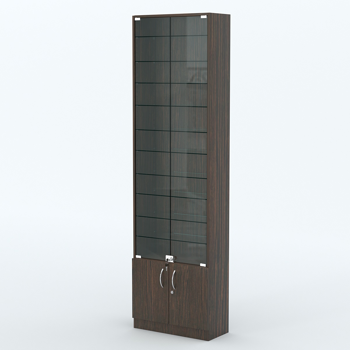 Торговая витрина с 10-ю стеклянными полками 250x600 мм серии NEXT-10 №4 (З/C - ДВП) Дуб Венге