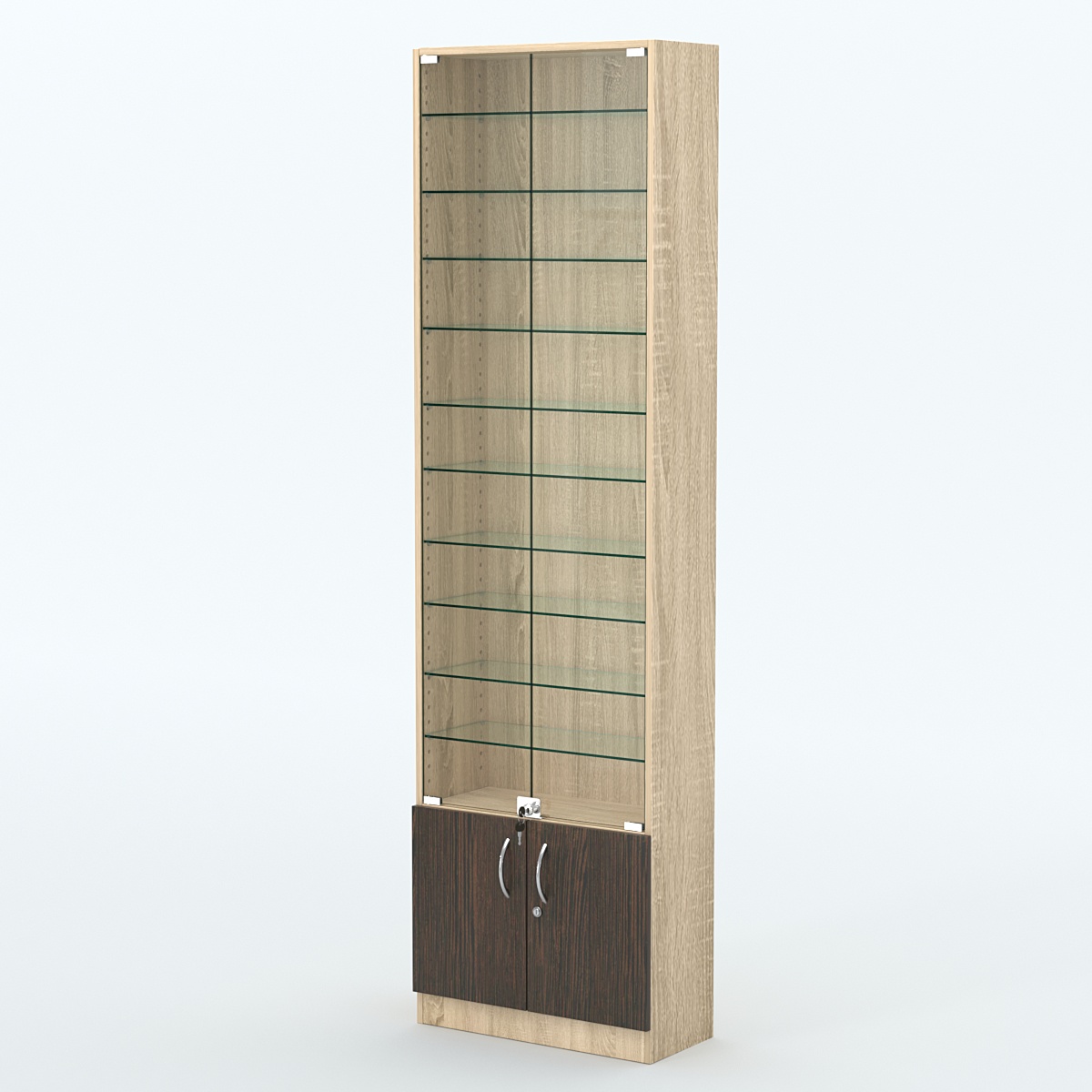 Торговая витрина с 10-ю стеклянными полками 250x600 мм серии NEXT-10 №4 (З/C - ДВП) Дуб Сонома + Дуб Венге