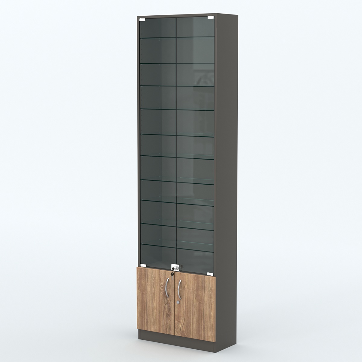 Торговая витрина с 10-ю стеклянными полками 250x600 мм серии NEXT-10 №4 (З/C - ДВП) Черный + Дуб Канзас Коричневый