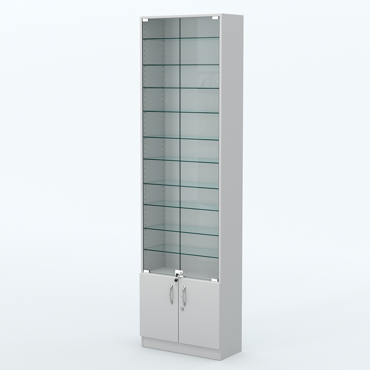 Торговая витрина с 10-ю стеклянными полками 250x600 мм серии NEXT-10 №4 (З/C - ДВП) Серый