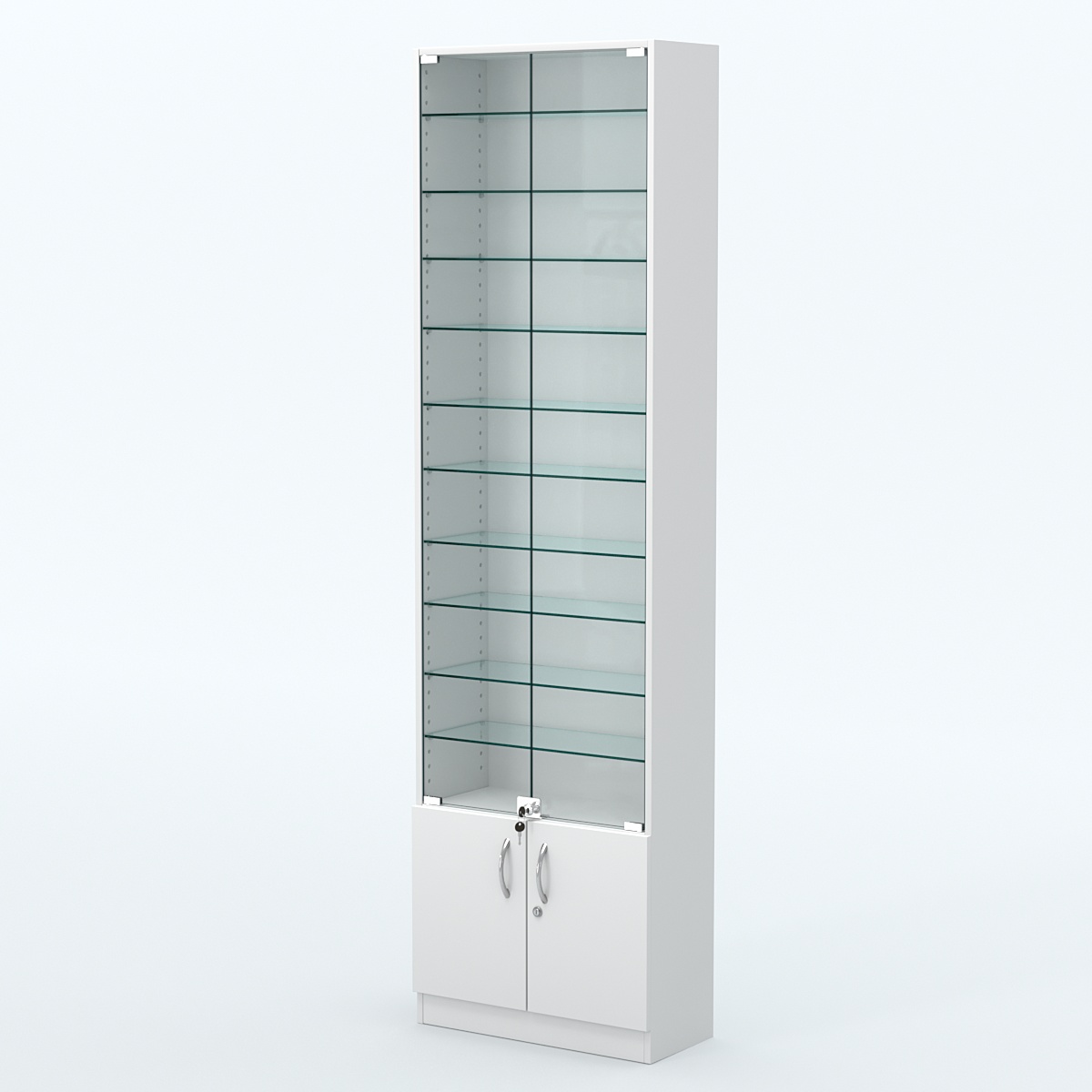 Торговая витрина с 10-ю стеклянными полками 250x600 мм серии NEXT-10 №4 (З/C - ДВП) Белый