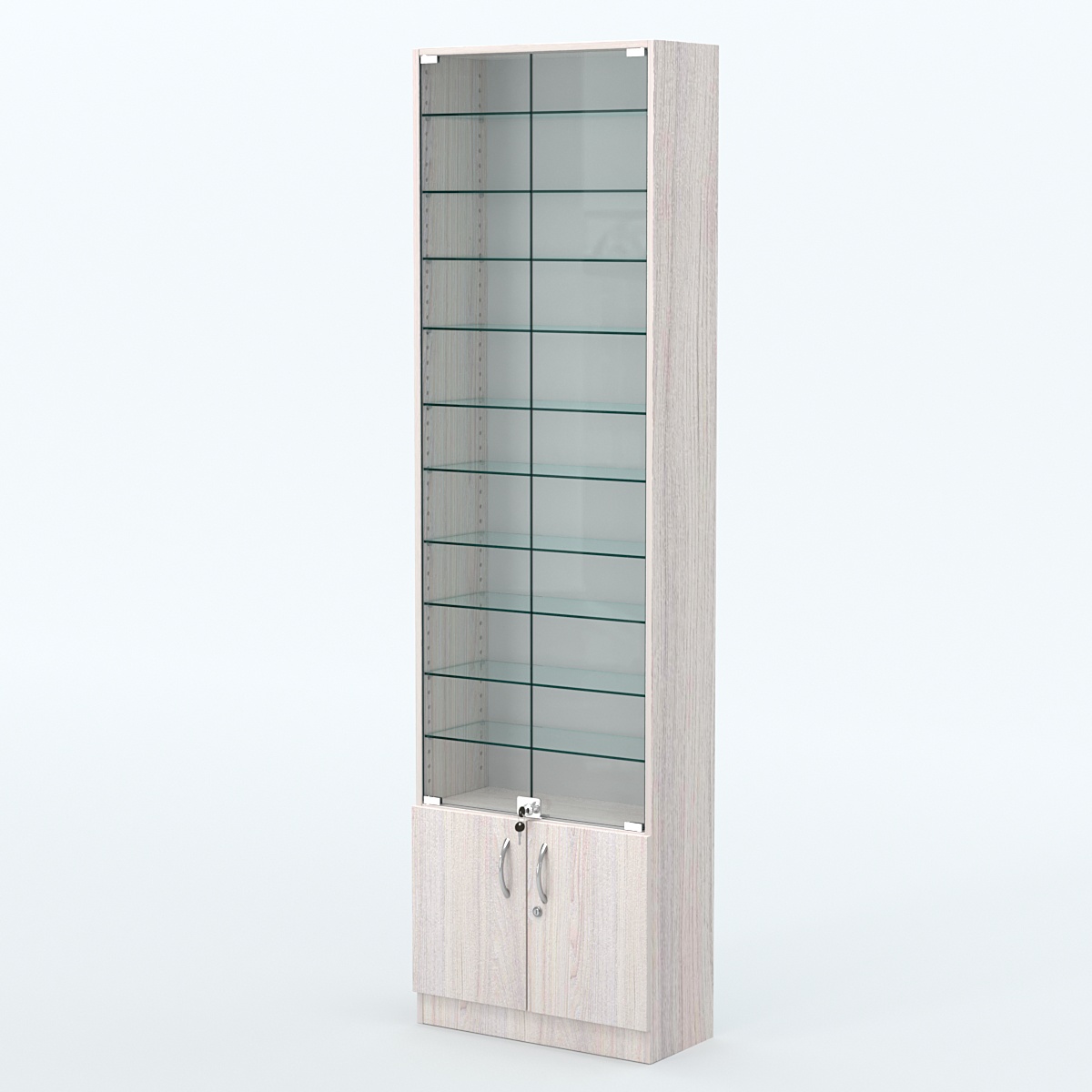 Торговая витрина с 10-ю стеклянными полками 250x600 мм серии NEXT-10 №4 (З/C - ДВП) Ясень Анкор светлый