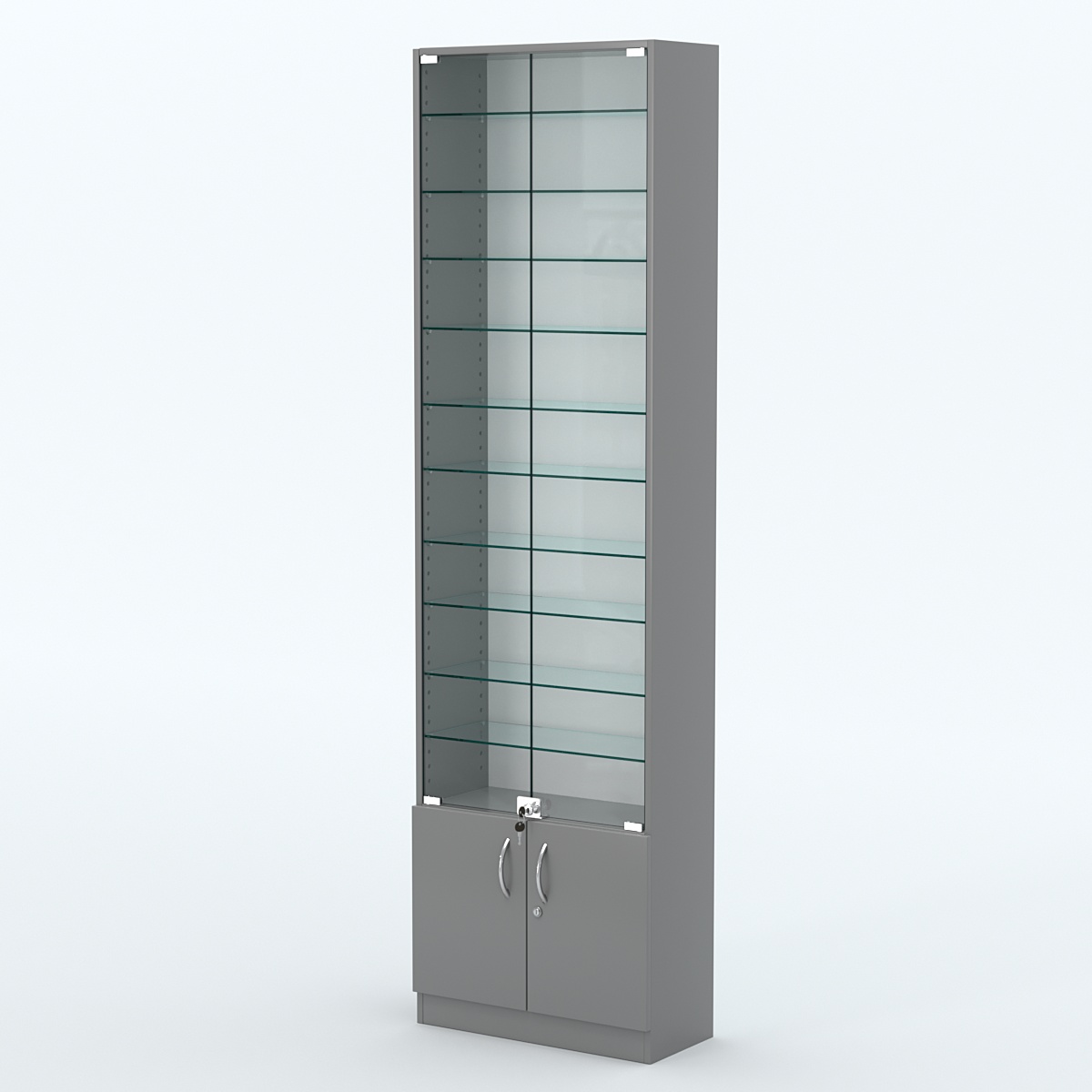 Торговая витрина с 10-ю стеклянными полками 250x600 мм серии NEXT-10 №4 (З/C - ДВП) Темно-Серый