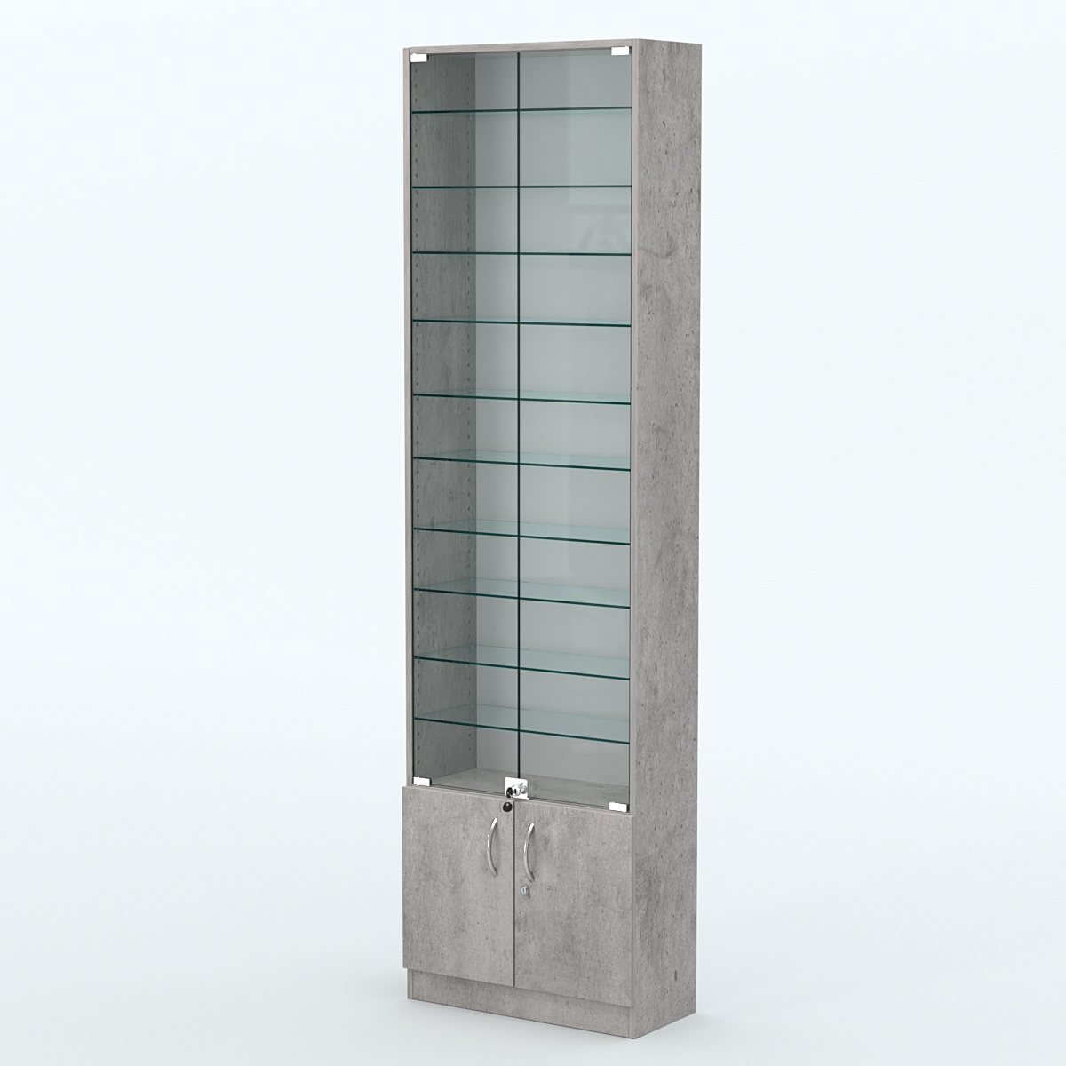 Торговая витрина с 10-ю стеклянными полками 250x600 мм серии NEXT-10 №4 (З/C - ДВП) Бетон Чикаго светло-серый F186 ST9