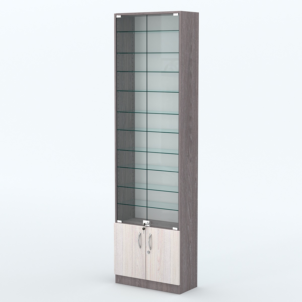 Торговая витрина с 10-ю стеклянными полками 250x600 мм серии NEXT-10 №4 (З/C - ДВП) Ясень Анкор темный + Ясень Анкор светлый
