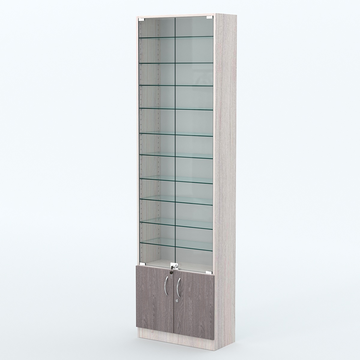 Торговая витрина с 10-ю стеклянными полками 250x600 мм серии NEXT-10 №4 (З/C - ДВП) Ясень Анкор светлый + Ясень Анкор темный