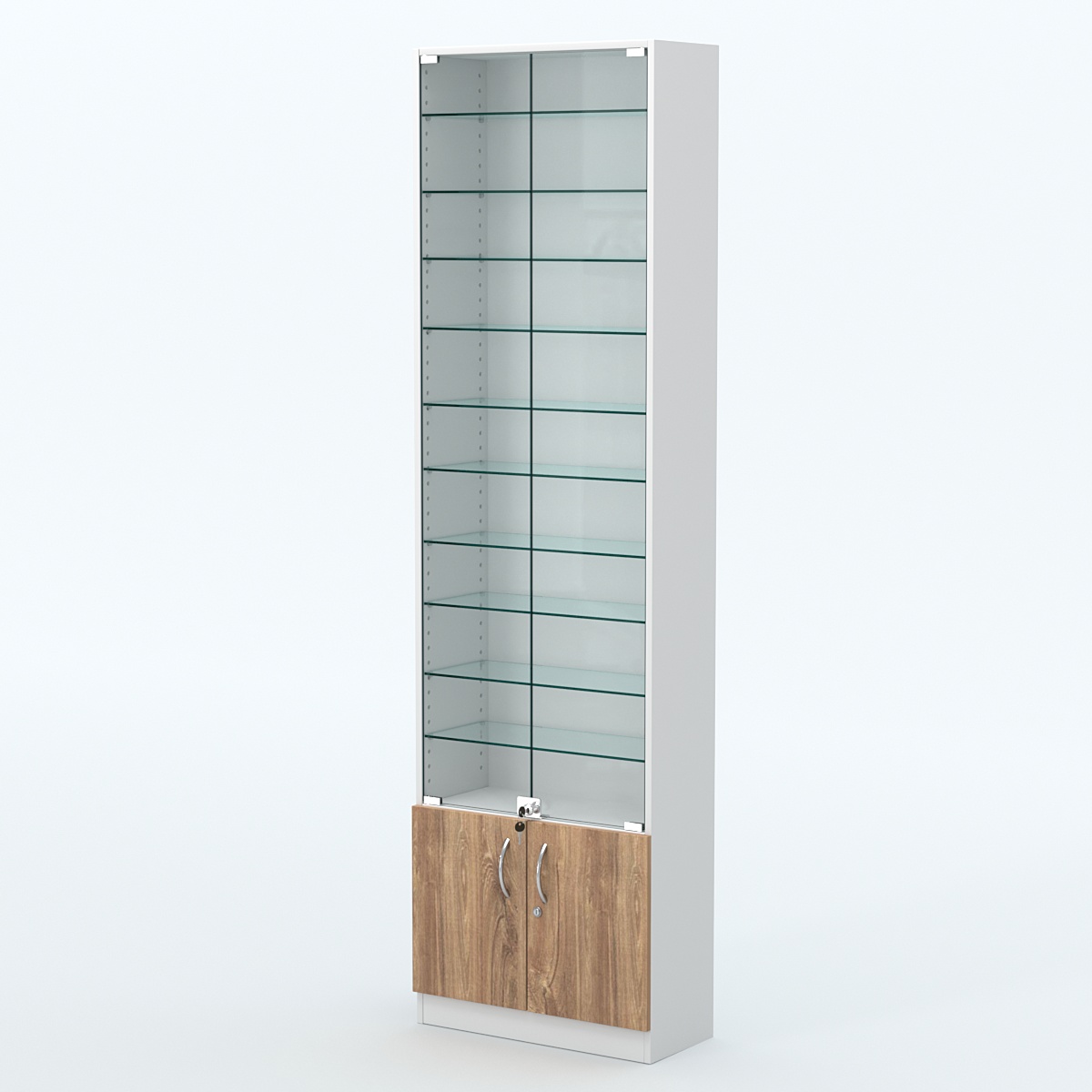 Торговая витрина с 10-ю стеклянными полками 250x600 мм серии NEXT-10 №4 (З/C - ДВП) Белый + Дуб канзас коричневый