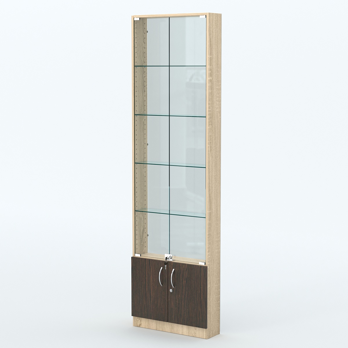 Торговая витрина с 4-мя стеклянными полками 150x600 мм серии NEXT-4 №2-1 (З/C - СТЕКЛО) Дуб Сонома + Дуб Венге
