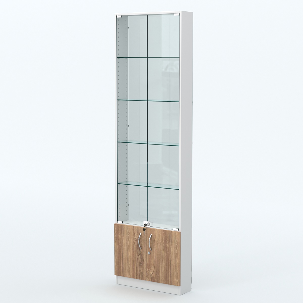 Торговая витрина с 4-мя стеклянными полками 150x600 мм серии NEXT-4 №2-1 (З/C - СТЕКЛО) Белый + Дуб канзас коричневый