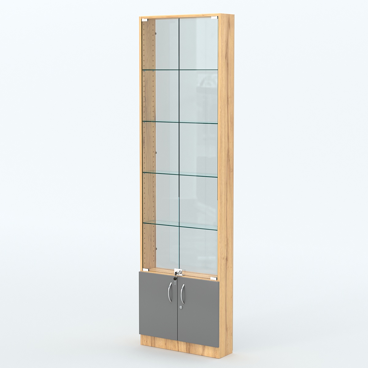 Торговая витрина с 4-мя стеклянными полками 150x600 мм серии NEXT-4 №2-1 (З/C - СТЕКЛО) Дуб Золотистый и Темно-Серый