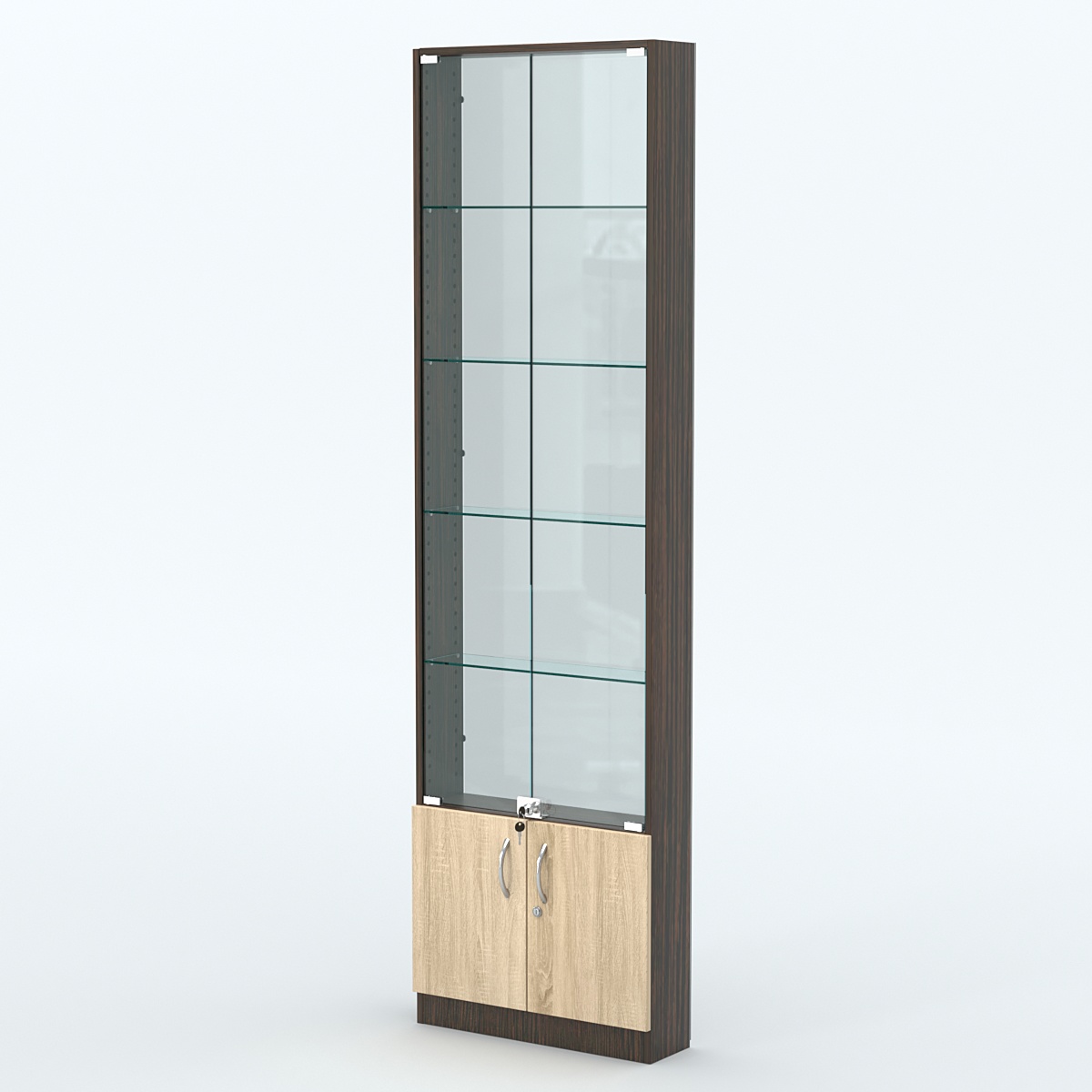 Торговая витрина с 4-мя стеклянными полками 150x600 мм серии NEXT-4 №2-1 (З/C - СТЕКЛО) Дуб Венге + Дуб Сонома
