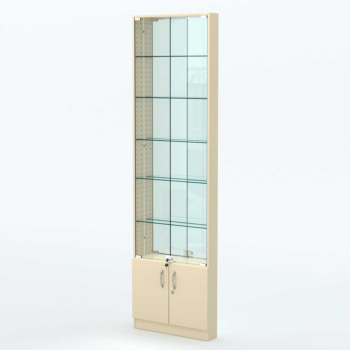 Торговая витрина с 5-ю стеклянными полками 100x600 мм серии NEXT-5 №1-2 (З/C - ЗЕРКАЛО) Крем Вайс