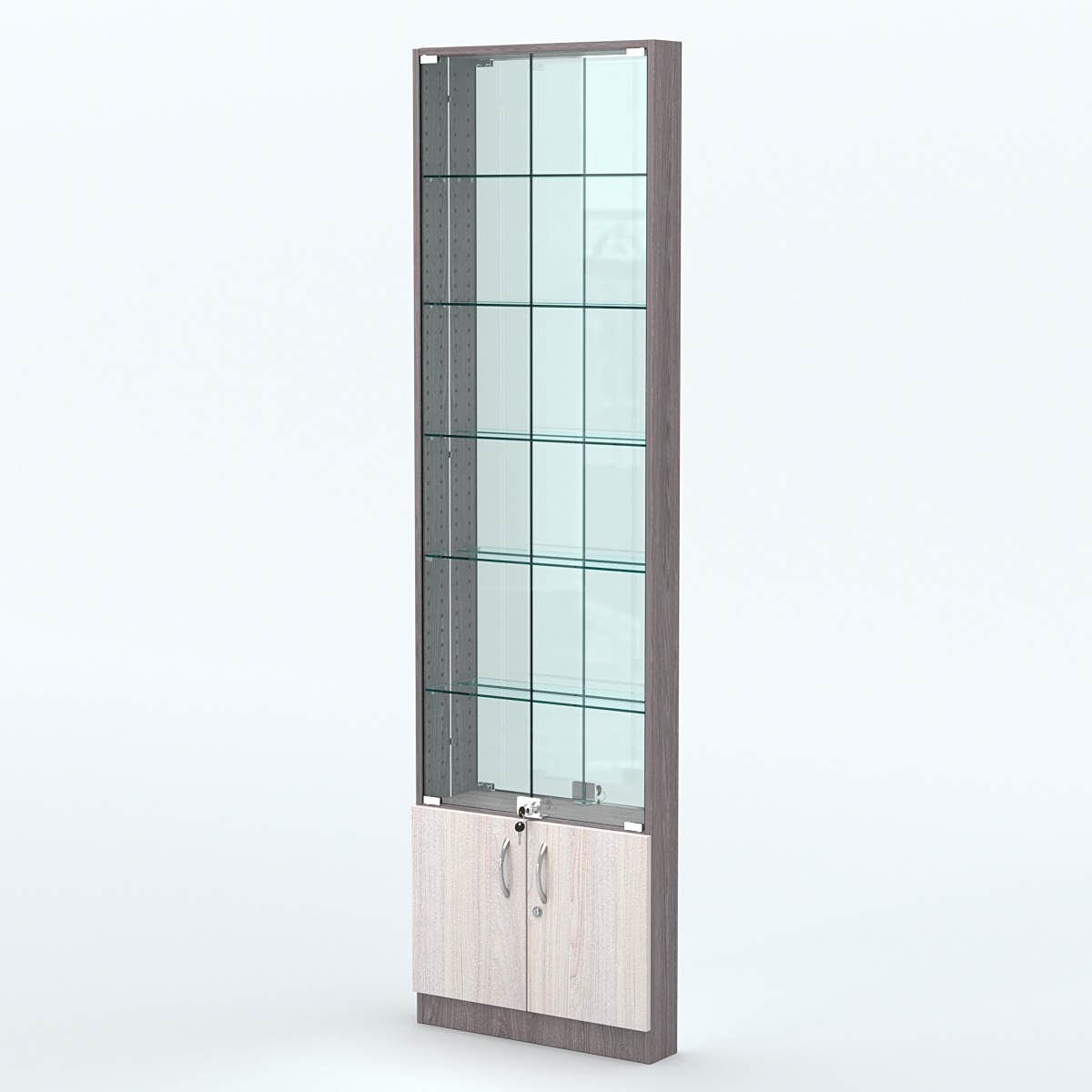 Торговая витрина с 5-ю стеклянными полками 100x600 мм серии NEXT-5 №1-2 (З/C - ЗЕРКАЛО) Ясень Анкор темный + Ясень Анкор светлый