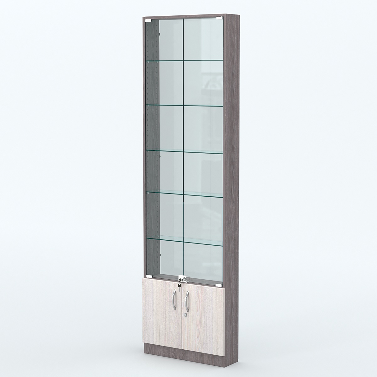 Торговая витрина с 5-ю стеклянными полками 150x600 мм серии NEXT-5 №2-1 (З/C - СТЕКЛО) Ясень Анкор темный + Ясень Анкор светлый