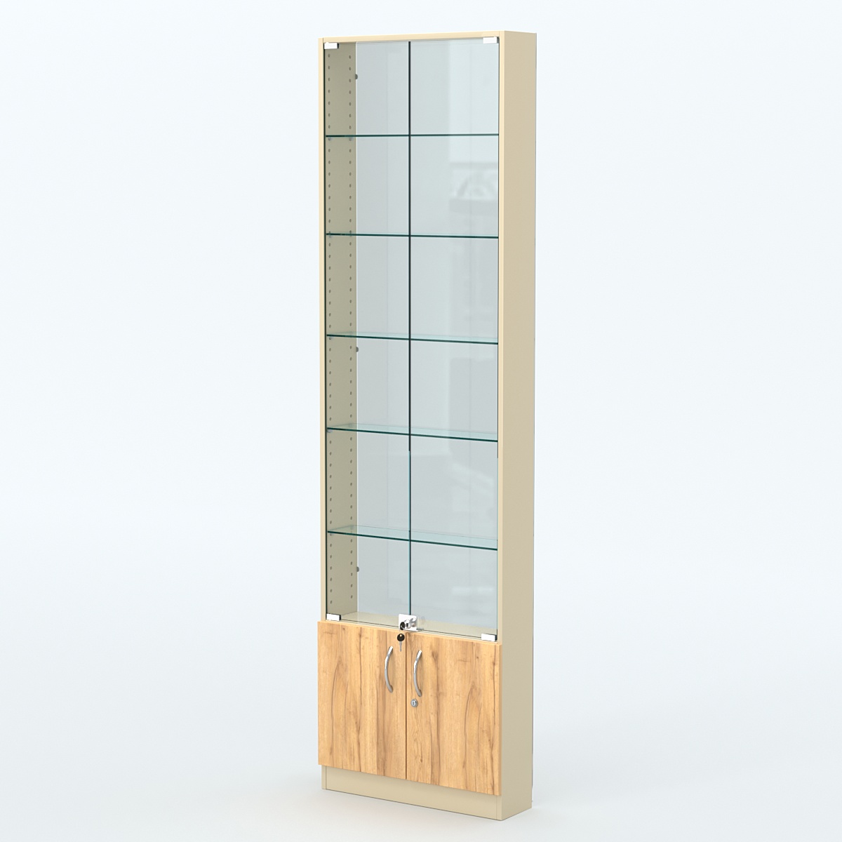 Торговая витрина с 5-ю стеклянными полками 150x600 мм серии NEXT-5 №2-1 (З/C - СТЕКЛО) Крем Вайс и Дуб Золотистый