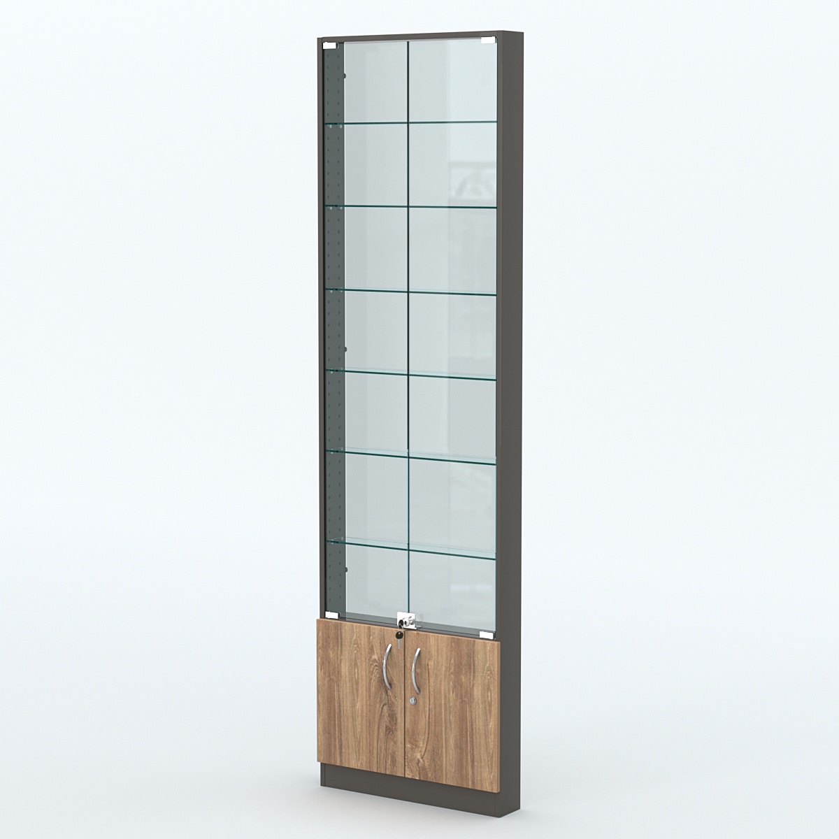 Торговая витрина с 6-ю стеклянными полками 100x600 мм серии NEXT-6 №1-1 (З/C - СТЕКЛО) Черный + Дуб Канзас Коричневый