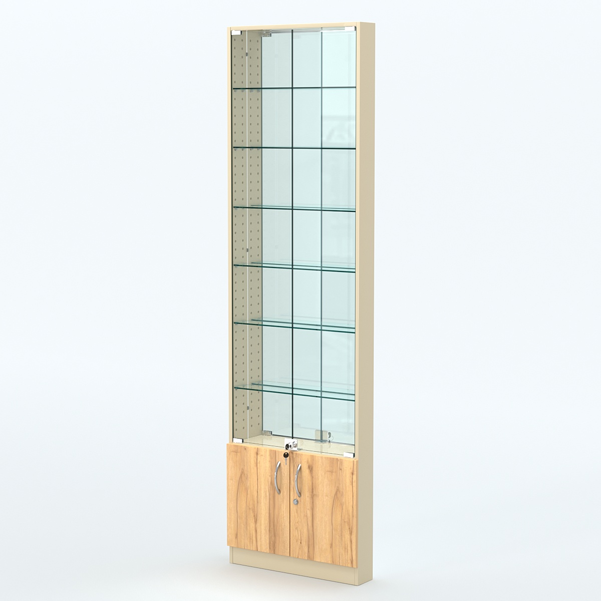 Торговая витрина с 6-ю стеклянными полками 100x600 мм серии NEXT-6 №1-2 (З/C - ЗЕРКАЛО) Крем Вайс и Дуб Золотистый