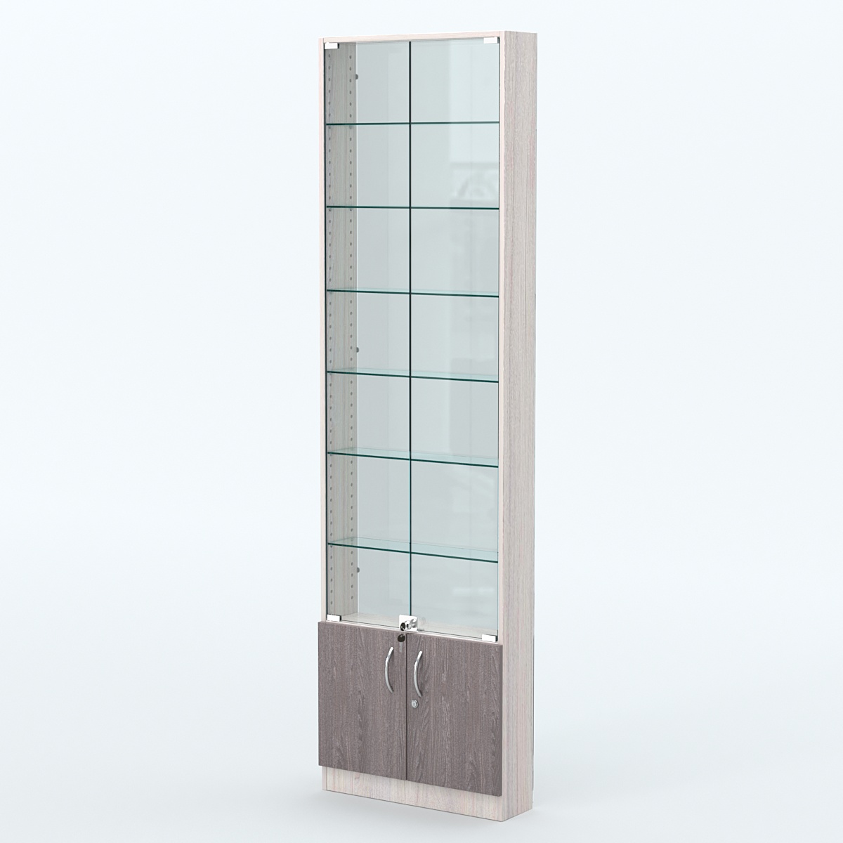 Торговая витрина с 6-ю стеклянными полками 150x600 мм серии NEXT-6 №2-1 (З/C - СТЕКЛО) Ясень Анкор светлый + Ясень Анкор темный