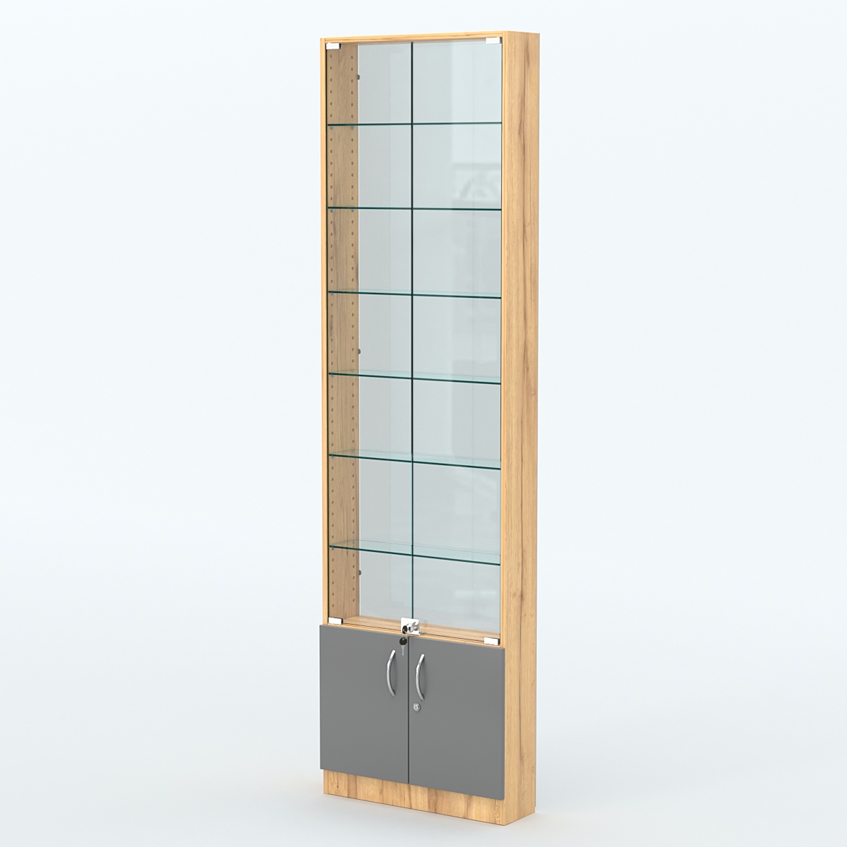 Торговая витрина с 6-ю стеклянными полками 150x600 мм серии NEXT-6 №2-1 (З/C - СТЕКЛО) Дуб Золотистый и Темно-Серый