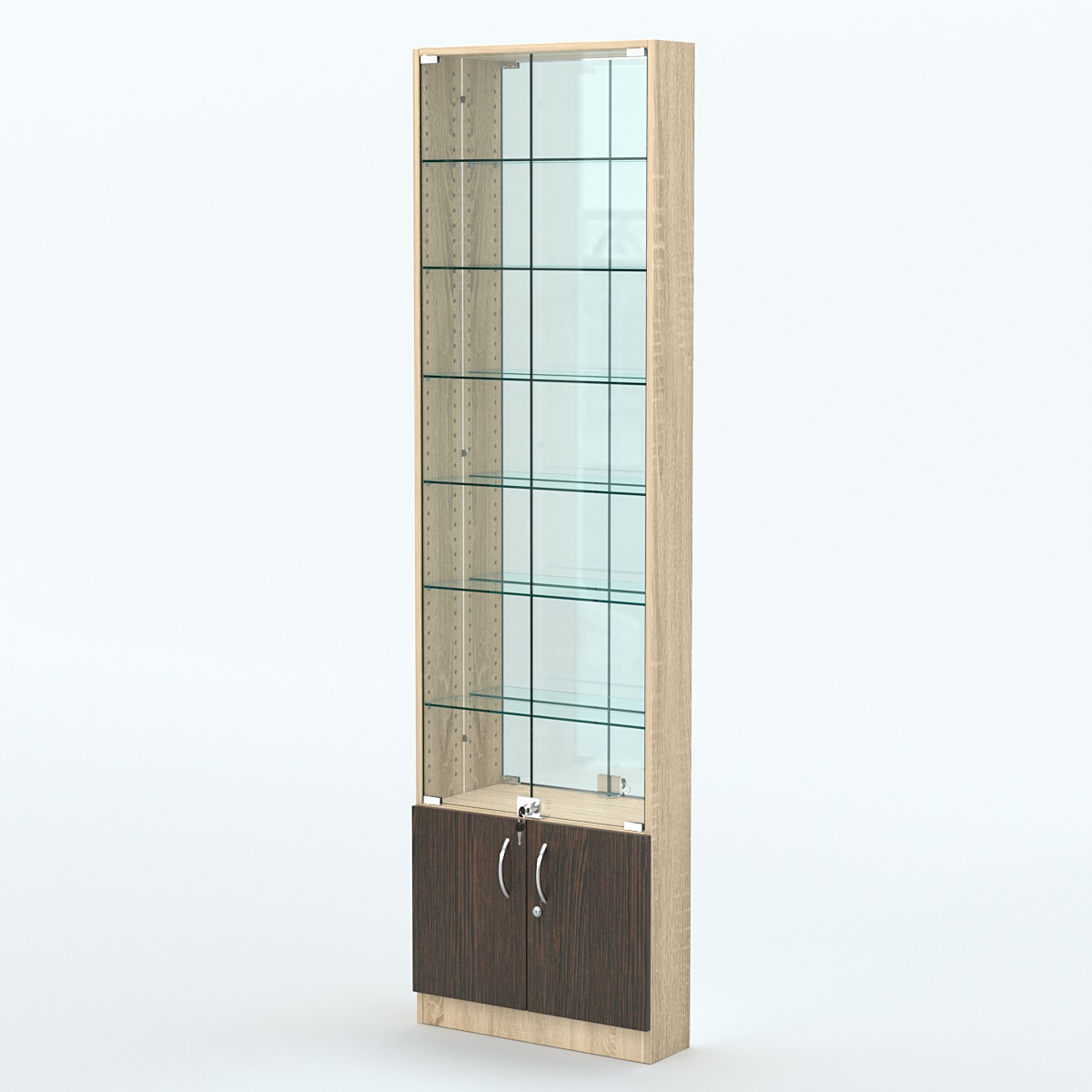Торговая витрина с 6-ю стеклянными полками 150x600 мм серии NEXT-6 №2-2 (З/C - ЗЕРКАЛО) Дуб Сонома + Дуб Венге