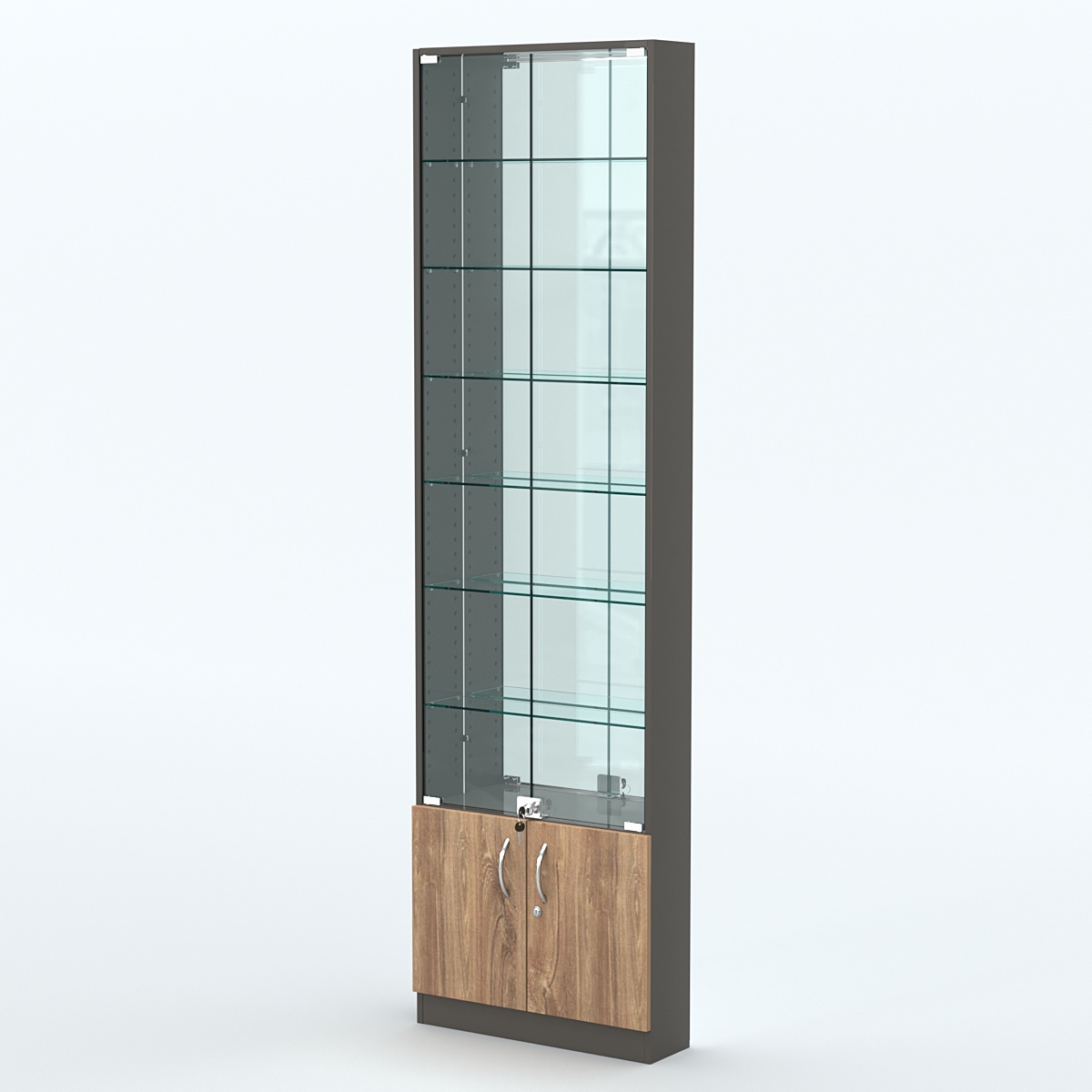 Торговая витрина с 6-ю стеклянными полками 150x600 мм серии NEXT-6 №2-2 (З/C - ЗЕРКАЛО) Черный + Дуб Канзас Коричневый