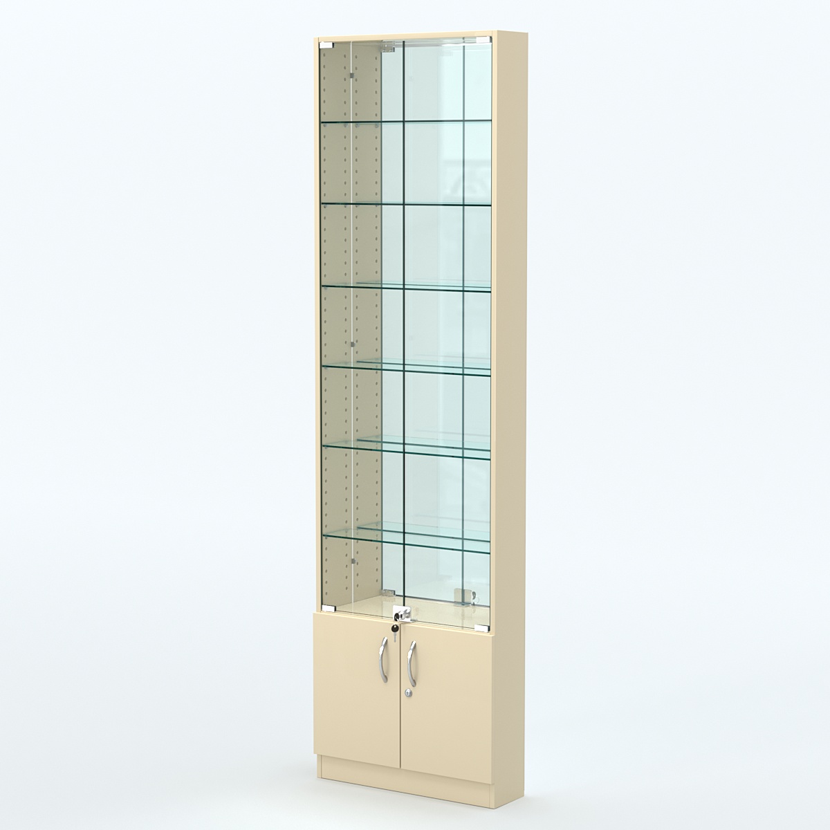 Торговая витрина с 6-ю стеклянными полками 150x600 мм серии NEXT-6 №2-2 (З/C - ЗЕРКАЛО) Крем Вайс