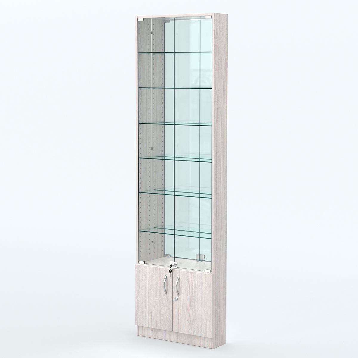 Торговая витрина с 6-ю стеклянными полками 150x600 мм серии NEXT-6 №2-2 (З/C - ЗЕРКАЛО) Ясень Анкор светлый