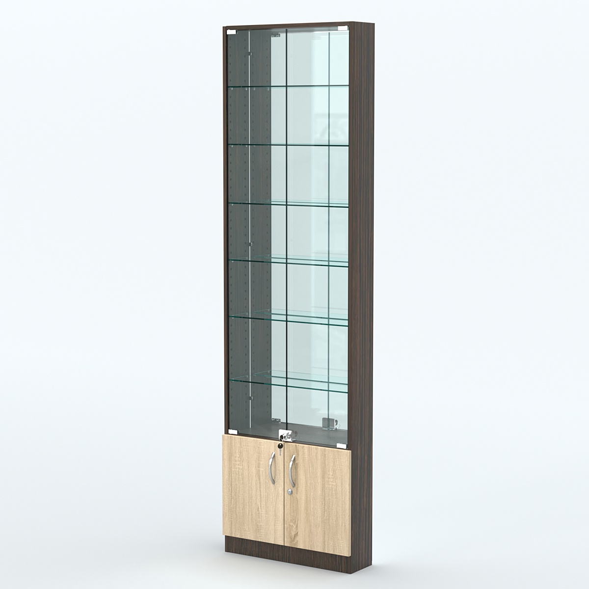 Торговая витрина с 6-ю стеклянными полками 150x600 мм серии NEXT-6 №2-2 (З/C - ЗЕРКАЛО) Дуб Венге + Дуб Сонома
