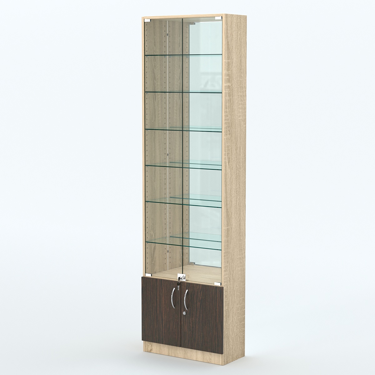 Торговая витрина с 6-ю стеклянными полками 250x600 мм серии NEXT-6 №4-2 (З/C - ЗЕРКАЛО) Дуб Сонома + Дуб Венге