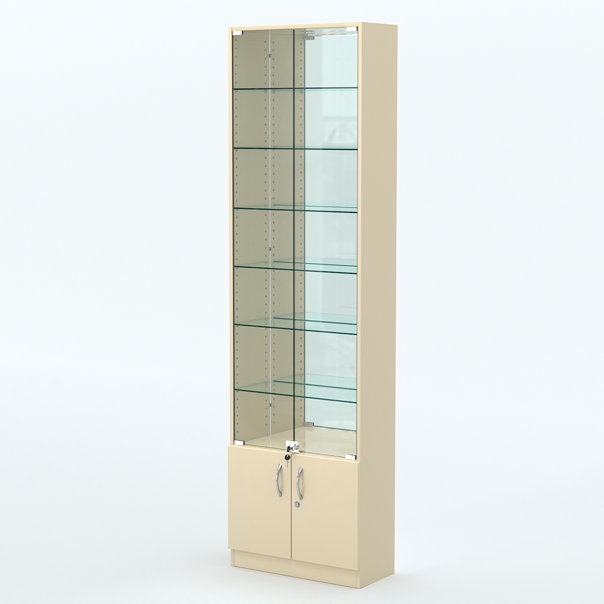 Торговая витрина с 6-ю стеклянными полками 250x600 мм серии NEXT-6 №4-2 (З/C - ЗЕРКАЛО) Крем Вайс